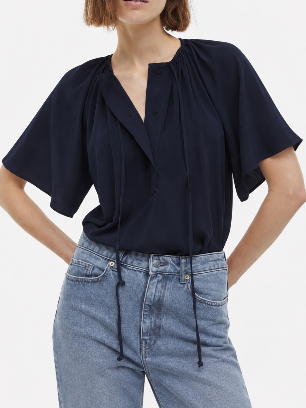 H&M Navy Tie Neck Short-Sleeve Blouse